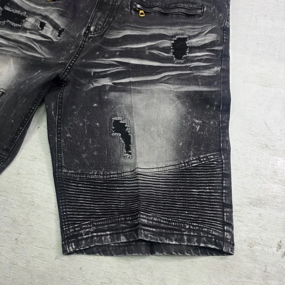 Makobi Biker Shorts Men's Size 44 Black Acid Wash Distressed Moto Streetwear Y2K